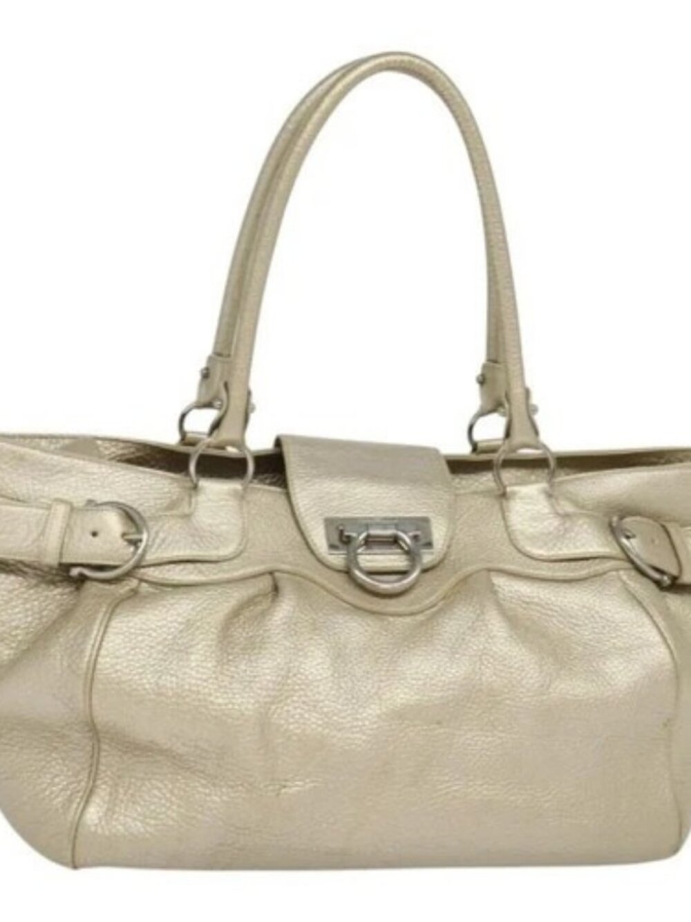 Salvatore Ferragamo Gancini Tote Bag Leather Silver Gold Auth JB034